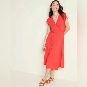 Old Navy Womens XL Coral Short Sleeve Wrap Dress V Neck Knee Length Stretch